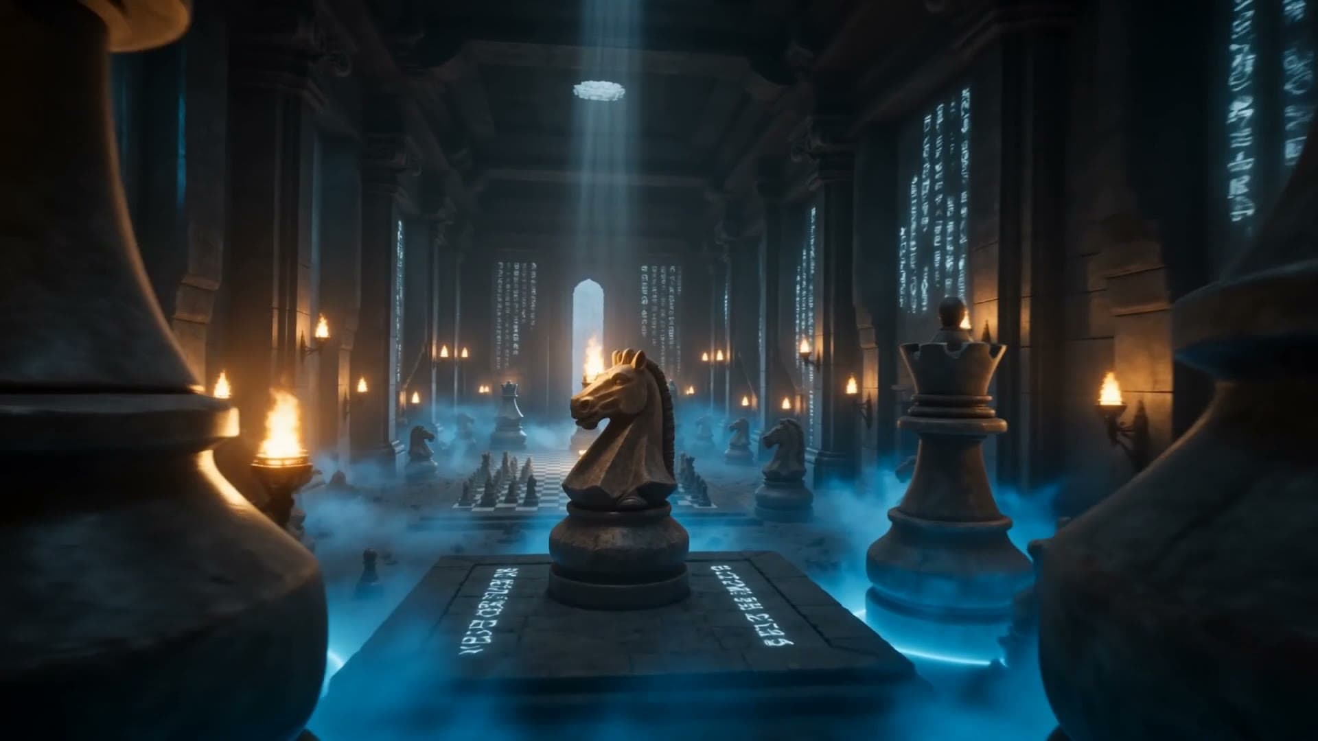 A hall of giant chess pieces — the Kingdom Boss arena